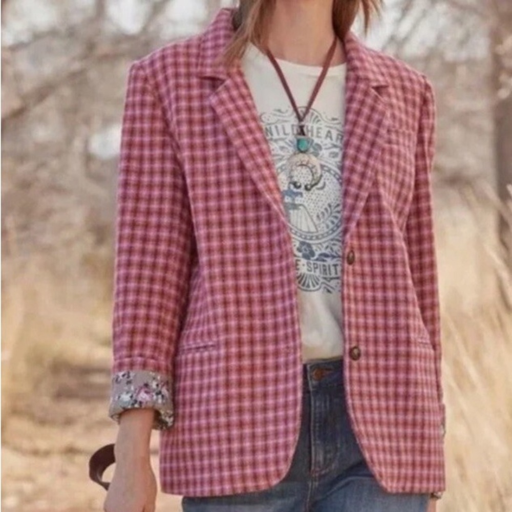 NWOT Sundance ‘The Lisa’ Pink Plaid Wool Blazer Size Medium